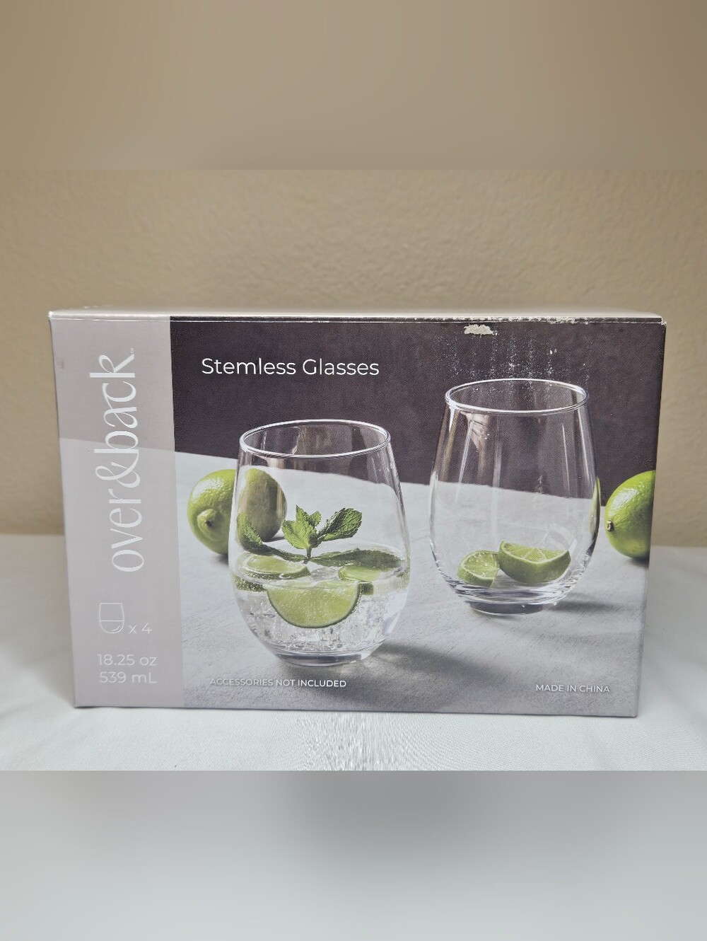 Over & Back Stemless Wine Glass Set of 4 18.25 oz Clear Glasses NIB